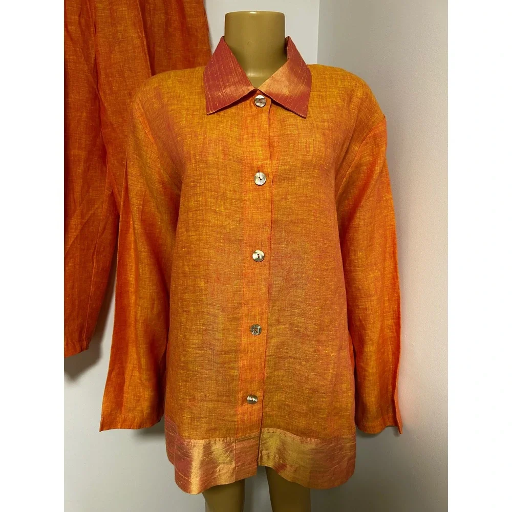 Lisbeth Oslo Women XL Orange Linen Silk Trim 2 Piece Set Tunic Button Up Pants